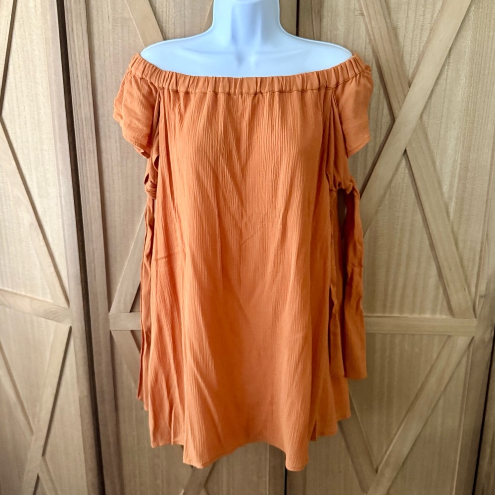 NWT Entro Rayon Orange Off-Shoulder Lined Shift Tunic Dress Size Small
